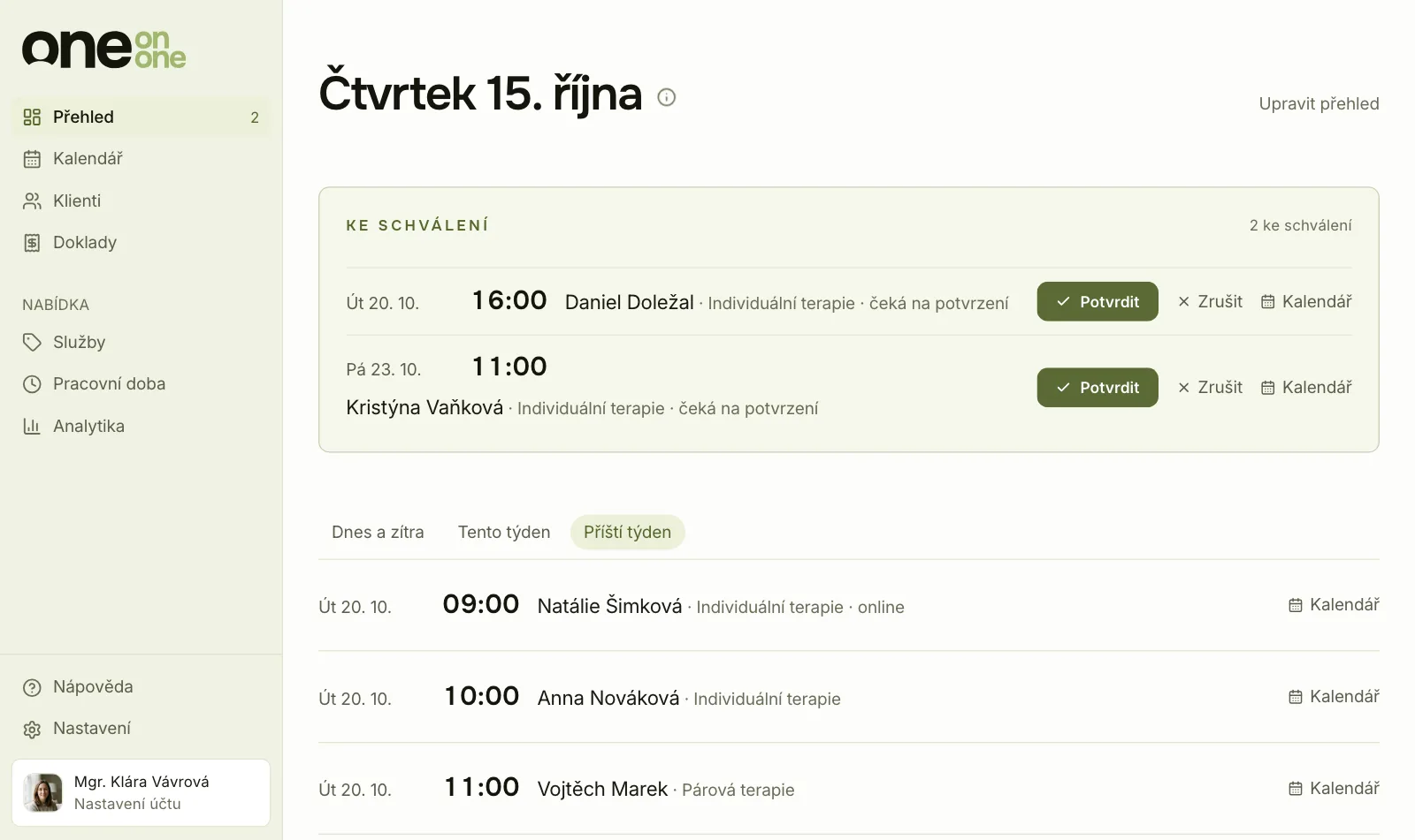 Ukázka Online pracovny: přehled dne