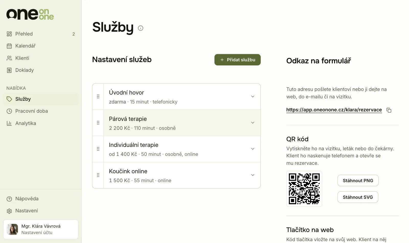 Ukázka Online pracovny: služby s QR kódy k platbě