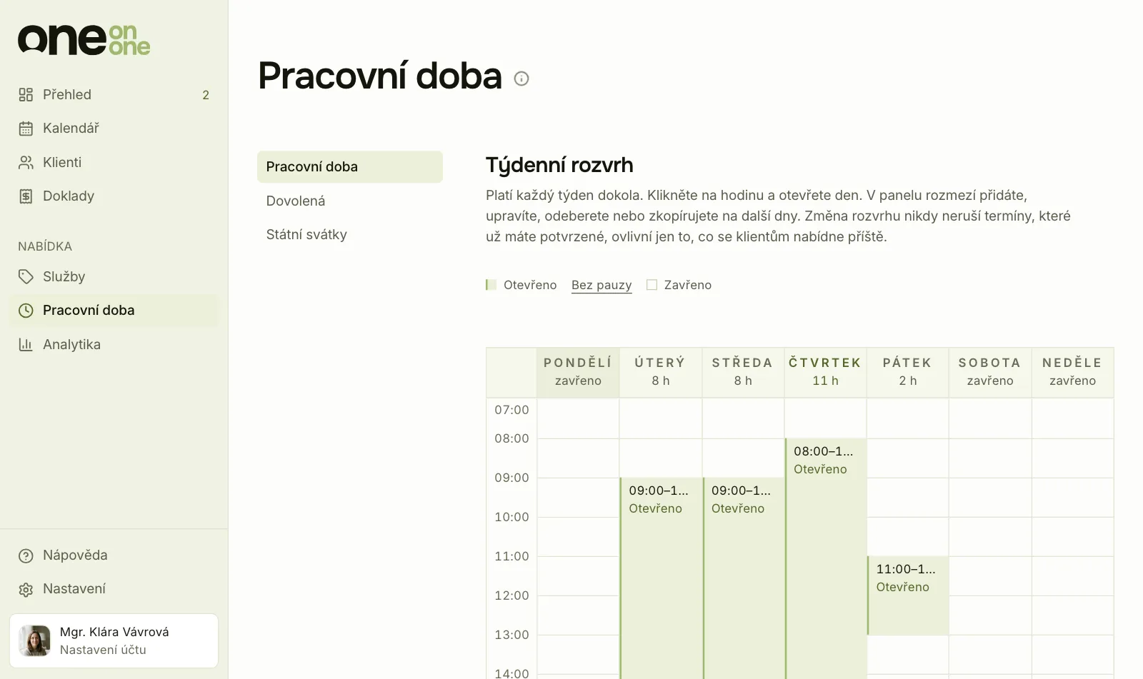 Ukázka Online pracovny: pracovní doba